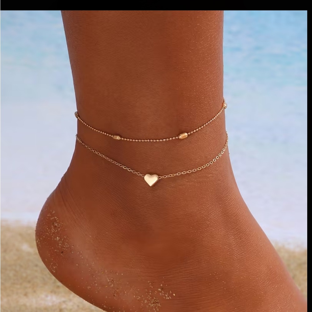 Gold Heart Anklet Set